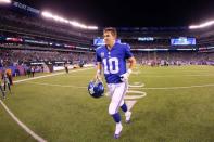Oct 22, 2017; East Rutherford, NJ, USA; New York Giants quarterback Eli Manning (10) leaves the field after a game against the Seattle Seahawks at MetLife Stadium. Mandatory Credit: Brad Penner-USA TODAY Sports
