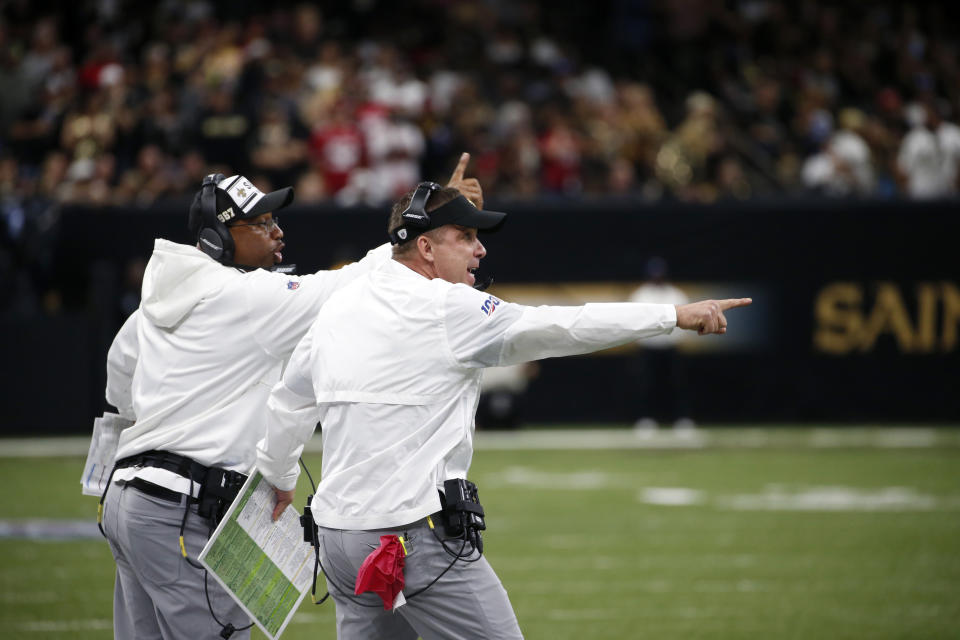 New Orleans Saints head coach Sean Payton calls out from the sideline in the first half an NFL football game against the San Francisco 49ers in New Orleans, Sunday, Dec. 8, 2019. (AP Photo/Butch Dill)