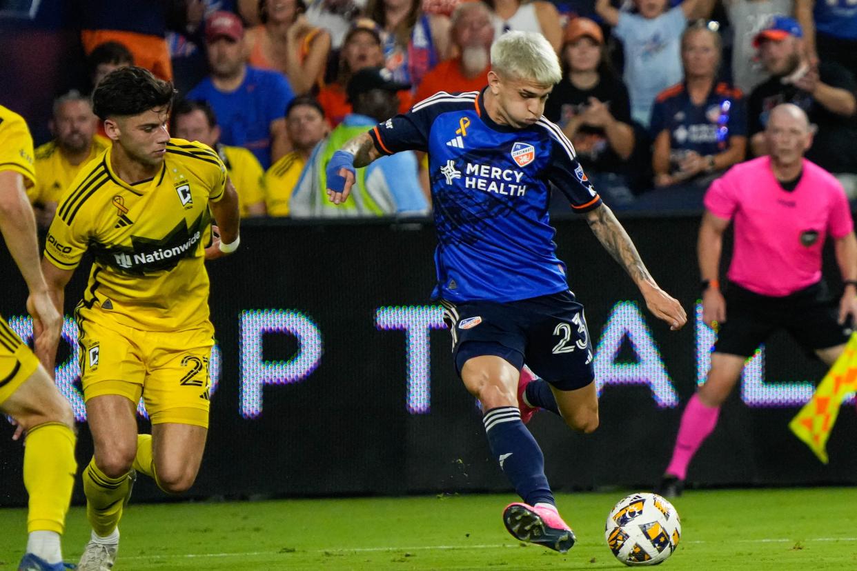 FC Cincinnati's Luca Orellano kicks the ball during the FC Cincinnati vs. Columbus Crew match at TWL Stadium on Saturday September 14, 2024. The match was 0 - 0 at halftime.