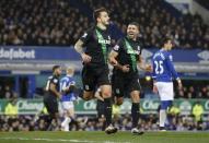 Football Soccer - Everton v Stoke City - Barclays Premier League - Goodison Park - 28/12/15 Stoke's Joselu celebrates scoring their third goal with Jonathan Walters Action Images via Reuters / Carl Recine