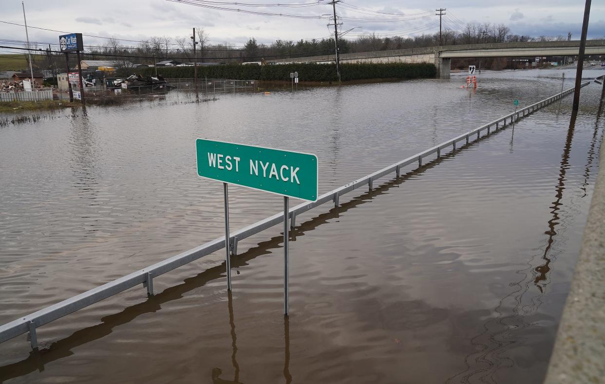 Flooding causes the closure of Route 59 near the Palisades Center in West Nyack, on Wednesday, Jan. 10, 2024.