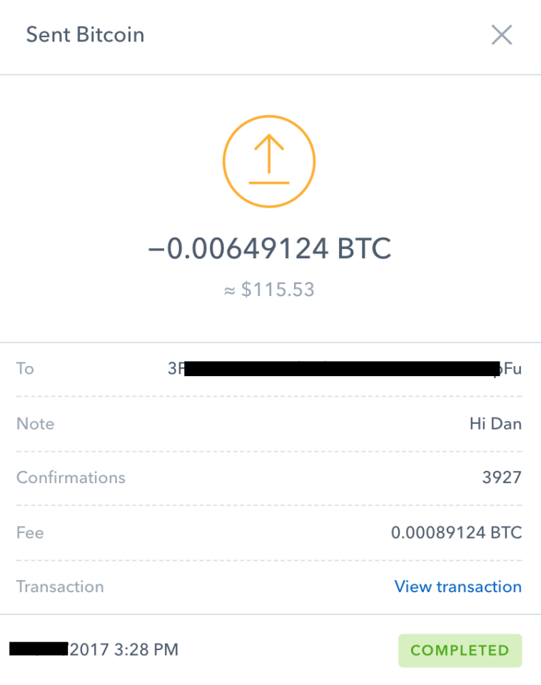 Un registro de transacción de Coinbase