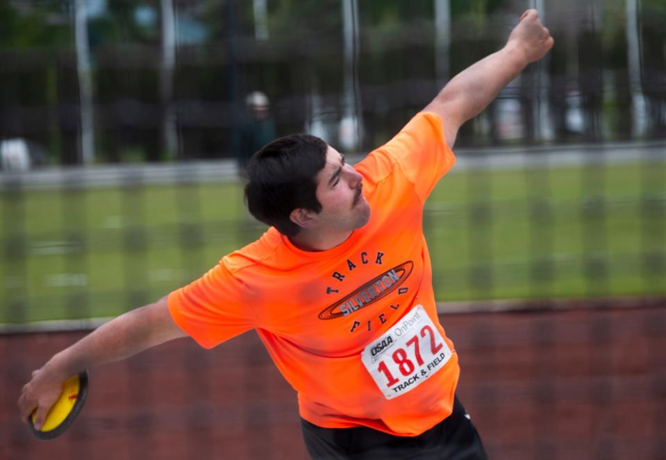 Sam Willis from Silverton competes in the 5A boys discus on his way to the win during the Oregon State Track and Field Championships Friday, May 20, 2022 at Hayward Field in Eugene, Oregon.