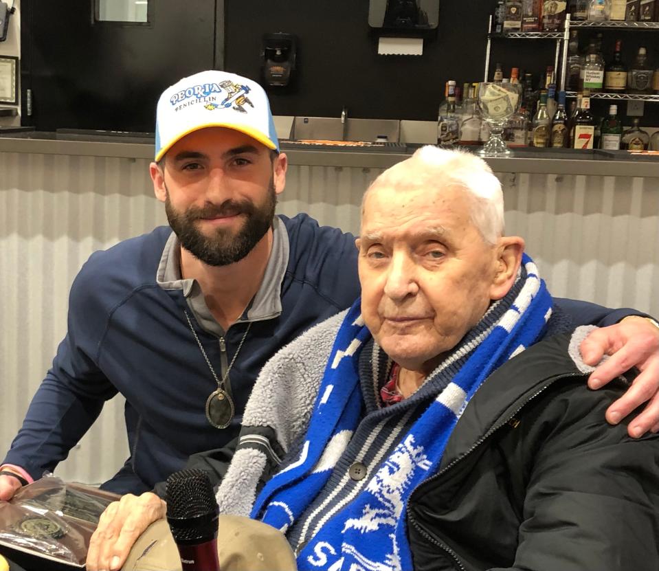Peoria Rivermen center Joe Drapluk won the prestigious Mark Olson Trophy and visited with its namesake at the Rivermen Captain's Booster Club spring team banquet at Raber's Packing on Tuesday, March 26, 2024.