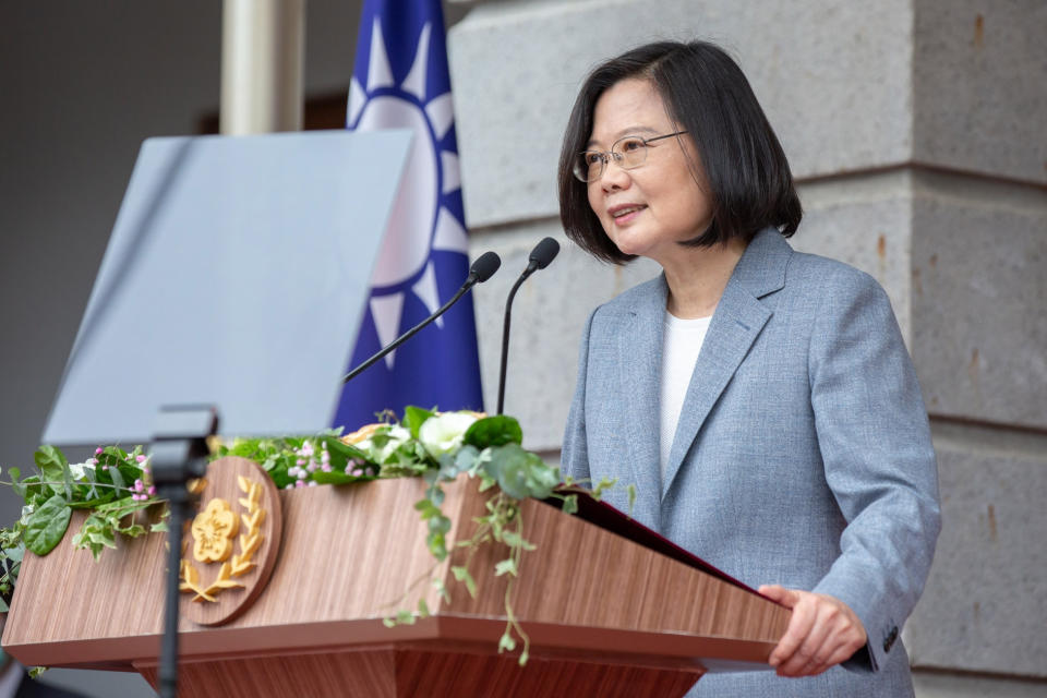 In this photo released by the Taiwan Presidential Office, Taiwanese President Tsai Ing-wen, delivers a speech after her inauguration ceremony at a government guest house in Taipei, Taiwan on Wednesday, May 20, 2020. Tsai has been inaugurated for a second term amid increasing pressure from China on the self-governing island democracy it claims as its own territory. (Taiwan Presidential Office via AP)