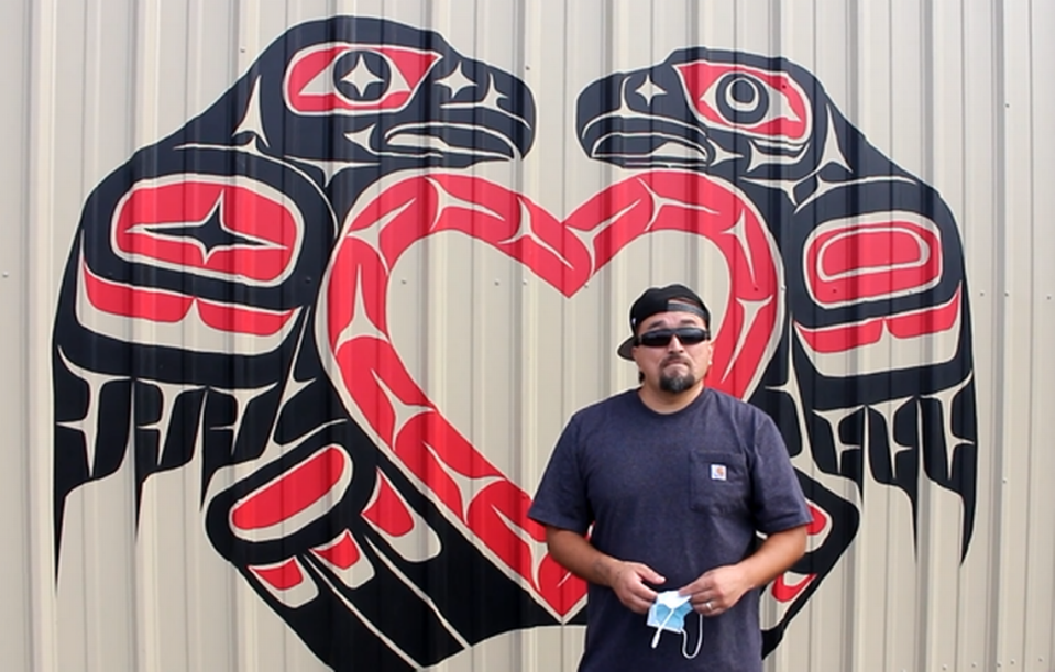 Lummi Nation artist Jason LaClair discusses the meaning behind his piece, “One From the Heart,” which features two eagles facing each other in the shape of a heart in a traditional Coast Salish style. The piece, now on display at Pioneer Park in Ferndale, Wash., represents mutual care within the community during the COVID pandemic. It is one of two new murals representing the Lummi community and history as part of the city’s Downtown Mural Project in fall 2021.