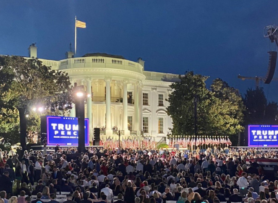 Pictured is a large crowd on the South Lawn of the White House failing to social distance during the Republican National Convention. 