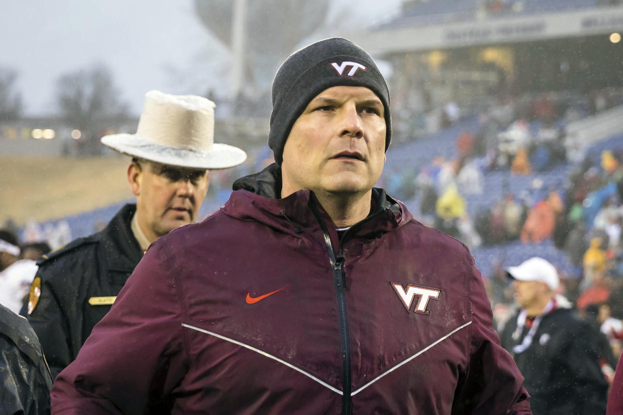 Virginia Tech Hokies head coach Justin Fuente leaves the field after the game against the Cincinnati Bearcats at Navy-Marine Corps Memorial Stadium. (USAT)