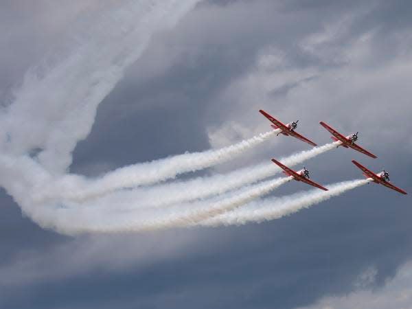 Aeroshell aerobratic team perform Friday in the AirVenture airshow over the EAA grounds July 27, 2018.