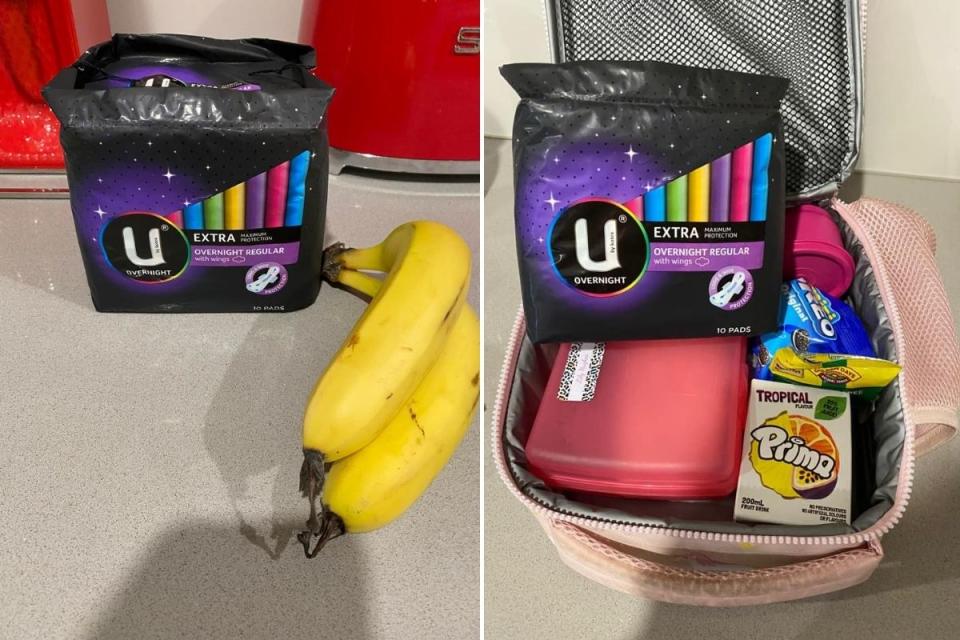 Kotex Overnight Extra Pads that a Coles customer received, pictured next to some bananas and in a lunch bag.