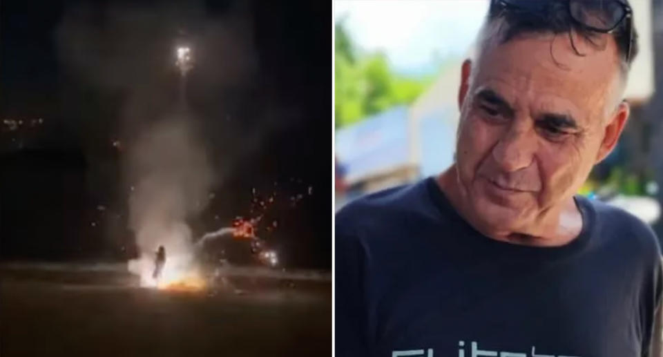 Nick Gilbert as the firework exploded on the Bali beach. Right is Nick Gilbert before the accident.