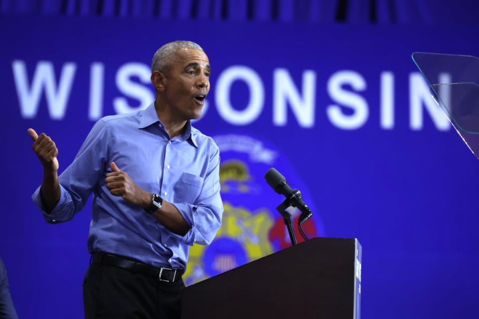 Former President Barack Obama speaks at a rally for Senate candidate Mandela Barnes in Wisconsin on 29 October 2022 (Getty Images)