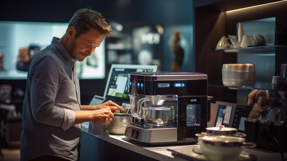 A customer in an offline experience store testing out a new small appliance.