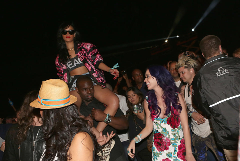 INDIO, CA - APRIL 15:  Singers Rihanna (L) and Katy Perry in the audience during day 3 of the 2012 Coachella Valley Music & Arts Festival at the Empire Polo Field on April 15, 2012 in Indio, California.  (Photo by Christopher Polk/Getty Images for Coachella)