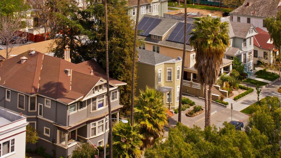 A high angle view of a row of Victorian style houses in San Jose, California.