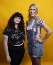 Barbara Gray, left, and Tess Barker, co-hosts of the "Britney's Gram" podcast, pose for a portrait, Thursday, July 15, 2021, at Earwolf podcast studio in Los Angeles. (AP Photo/Chris Pizzello)