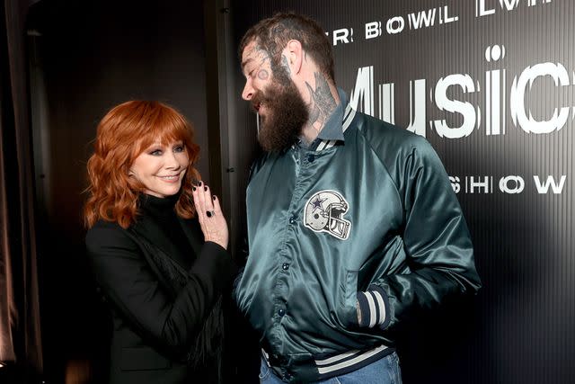<p>Kevin Mazur/Getty Images for Roc Nation</p> Reba McEntire and Post Malone at the Super Bowl LVIII Pregame & Apple Music Super Bowl LVIII Halftime Show press conference at the Mandalay Bay Convention Center on Feb. 8, 2024 in Las Vegas