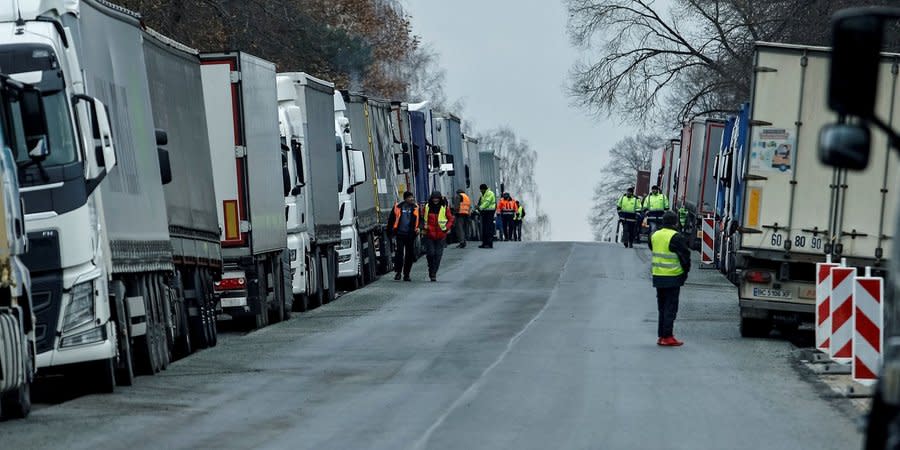 Ukrainian trucks near the Polish-Ukrainian border