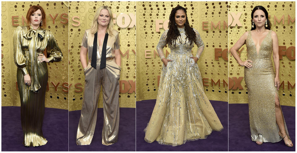 This combination photo shows, from left, Natasha Lyonne, from "Russian Doll," Amy Poehler, director Ava Duvernay, from "When They See Us," and Julia Louis-Dreyfus, from "Veep," at the 71st Primetime Emmy Awards in Los Angeles on Sept. 22, 2019. (AP Photo)