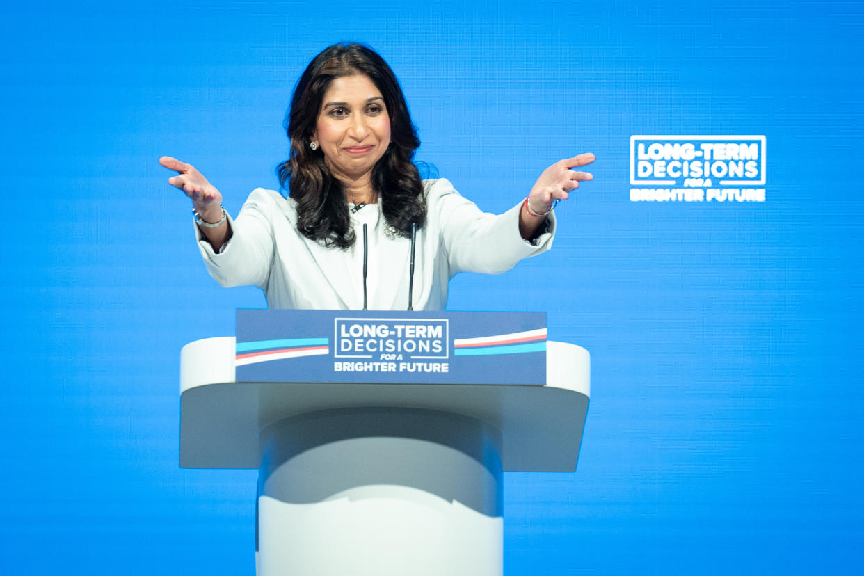 Suella Braverman delivers her keynote speech to the Conservative Party annual conference in Manchester (Stefan Rousseau/PA)