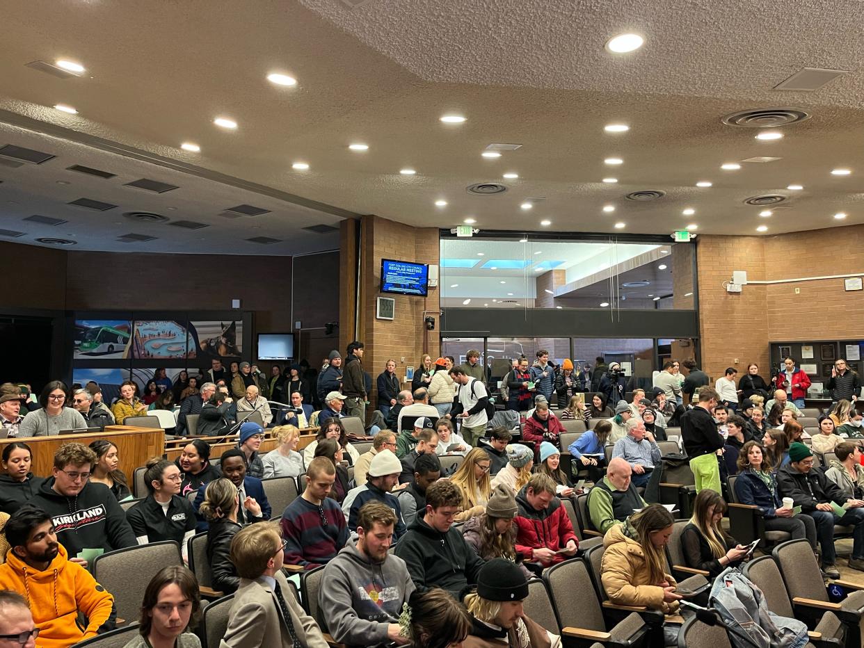 At least 100 Colorado State University students and community members attended City Council's meeting on April 4, 2023, to ask council to place repealing the U+2 policy on the ballot. U+2 is a housing policy prohibiting more than three unrelated people from living together in a house in Fort Collins.