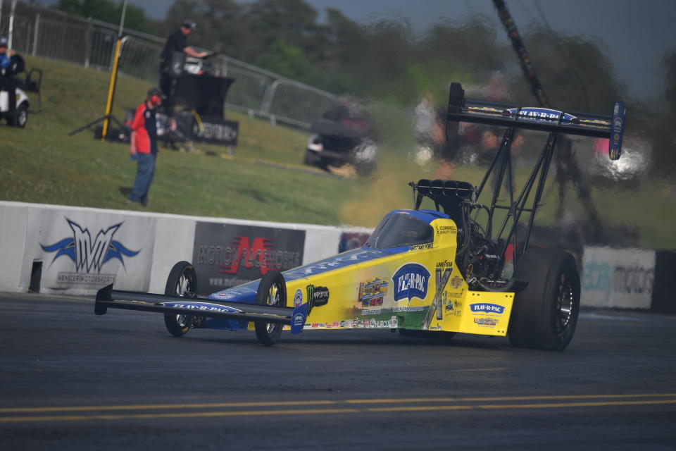 In this photo provided by the NHRA, Brittany Force drives in Top Fuel qualifying at the Virginia NHRA Nationals drag races Friday, May 13, 2022, at Virginia Motorsports Park in Dinwiddie, Va. (Jerry Foss/NHRA via AP)