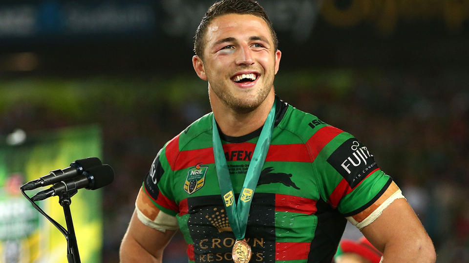 Sam Burgess, pictured here after winning the 2014 NRL Grand Final with South Sydney.