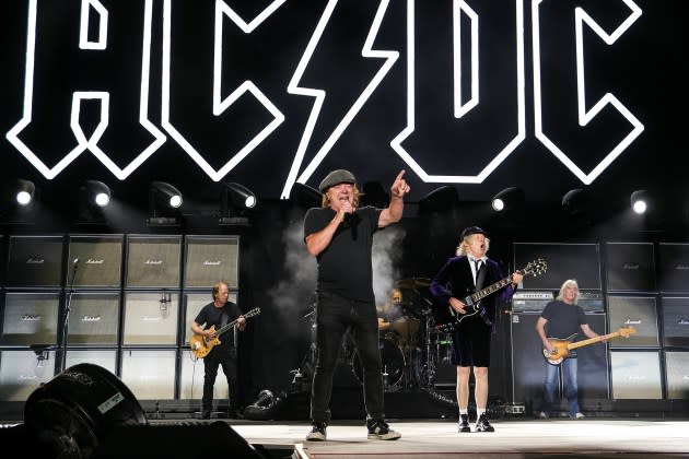 Stevie Young, Brian Johnson, Matt Laug, Angus Young, and Cliff Williams of AC/DC perform onstage during the Power Trip music festival at Empire Polo Club on October 07, 2023 in Indio, California. - Credit: Kevin Mazur/Getty Images