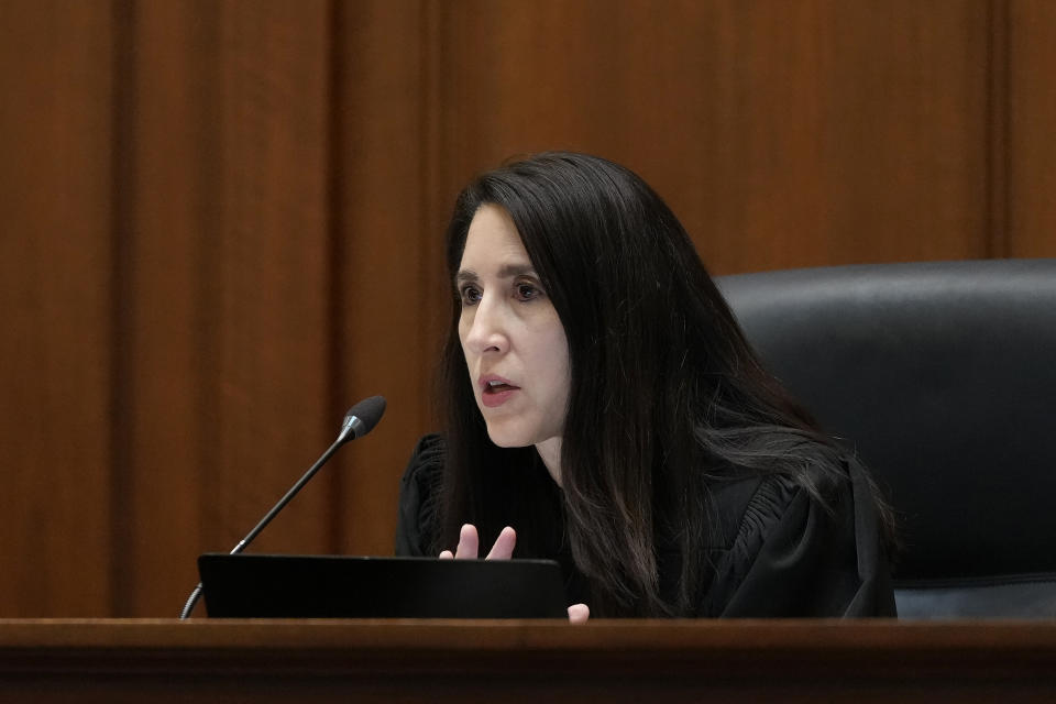 Chief Justice Patricia Guerrero speaks at the California Supreme Court in San Francisco, Wednesday, May 8, 2024. The California Supreme Court heard arguments Wednesday about whether to remove a measure from the November ballot that would make it harder for state and local governments to raise taxes. (AP Photo/Jeff Chiu, Pool)