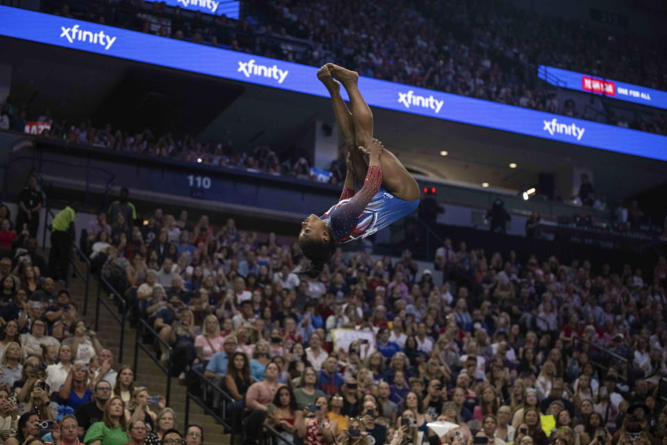 June 30, 2024, Minneapolis, Minnesota, US: SIMONE BILES vaults during the second day of competition held at Target Center in Minneapolis, Minnesota. (Cal Sport Media via AP Images)