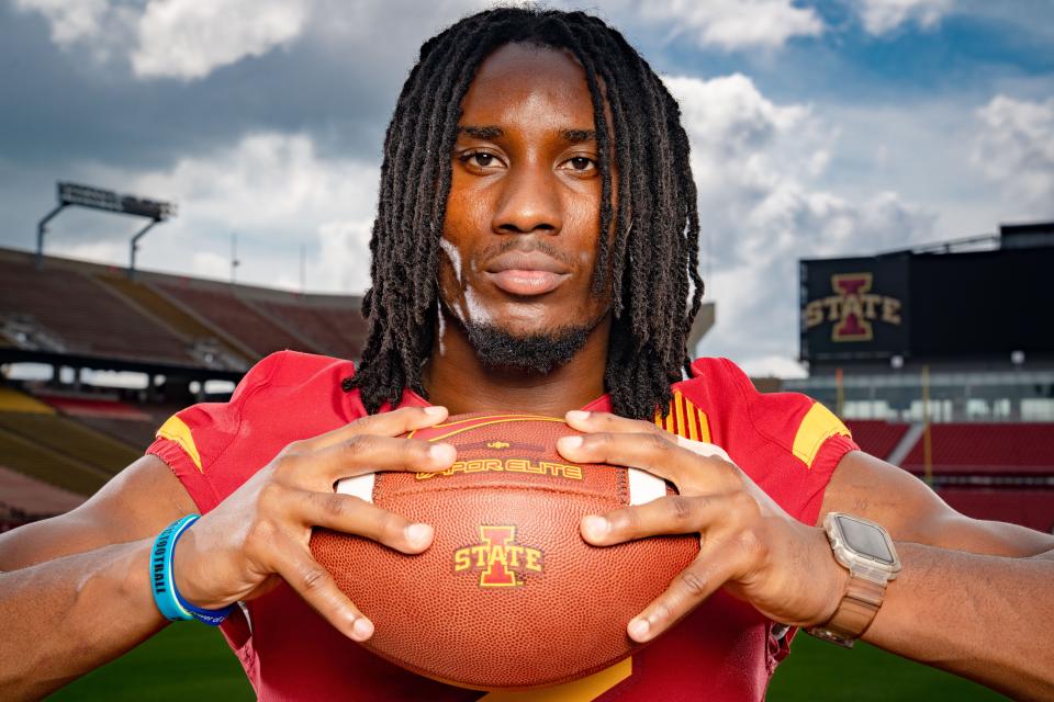 Iowa State defensive back T.J. Tampa stands for a photo during media day at Jack Trice Stadium in Ames, Friday, Aug. 4, 2023.