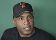 FILE - Barry Bonds responds to a question during a news conference on March 22, 2017, in Scottsdale, Ariz. Barry Bonds, Roger Clemens and David Ortiz appear to be the only players with a chance at Hall of Fame enshrinement when results are unveiled Tuesday, Jan. 25, 2022, with Ortiz most likely to get in on his first try. Bonds and Clemens are each in their 10th and final turns under consideration by voters from the Baseball Writers' Association of America. (AP Photo/Darron Cummings, File)