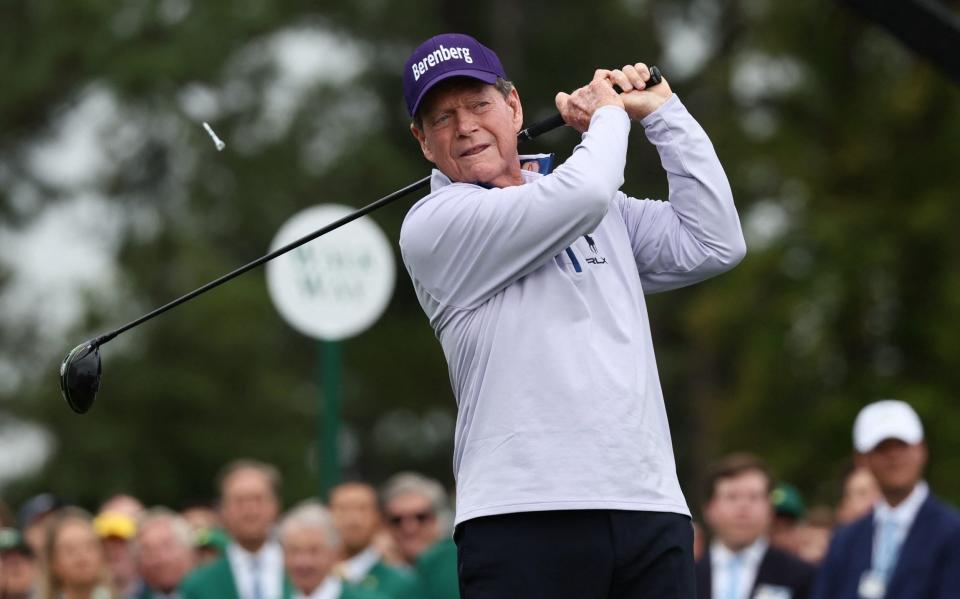 Tom Watson hits his tee shot on the ceremonial tee off