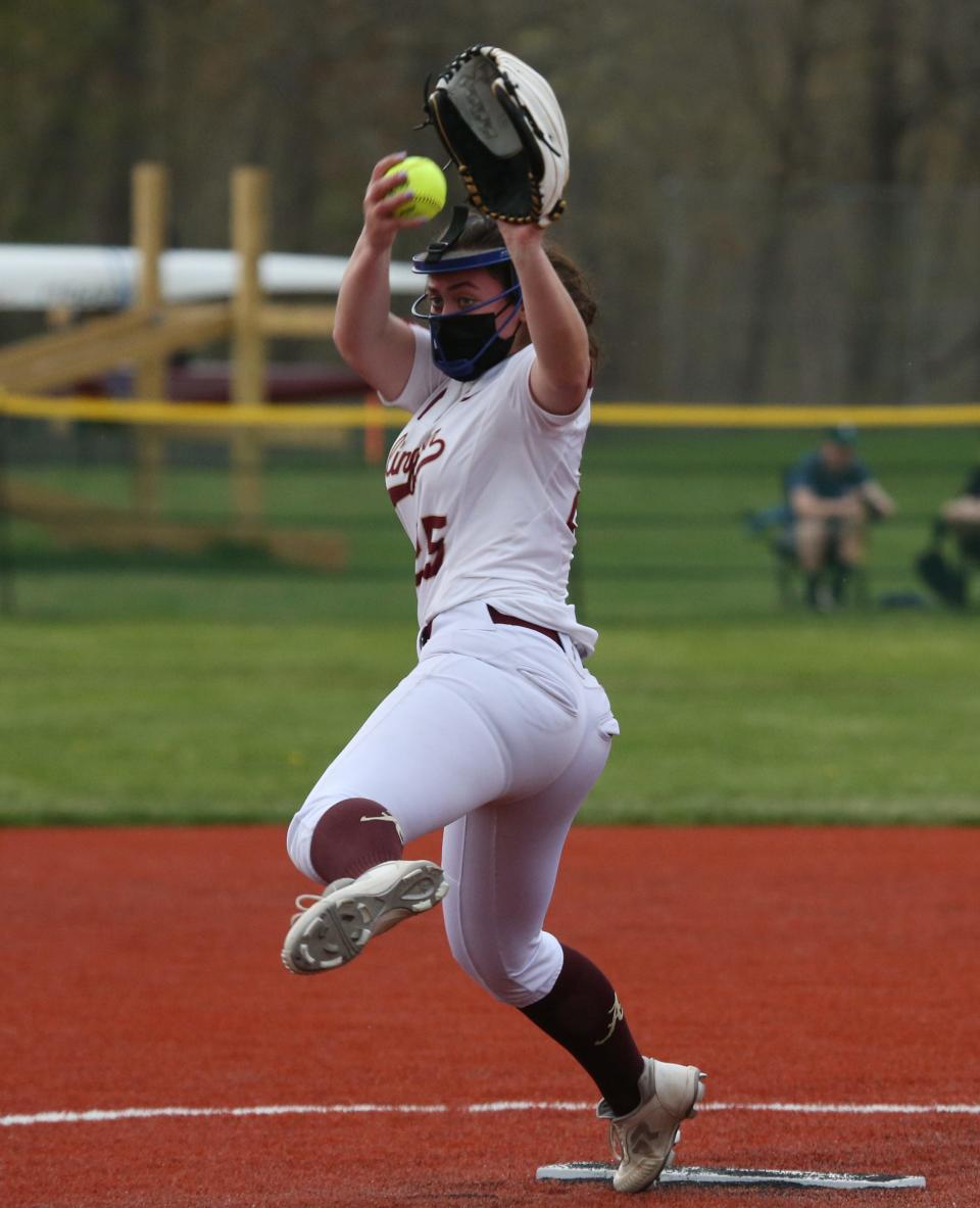 Arlington softball's pitcher, Morgan Pepe pitches during Wednesday's game versus Monroe-Woodbury on April 28, 2021. 