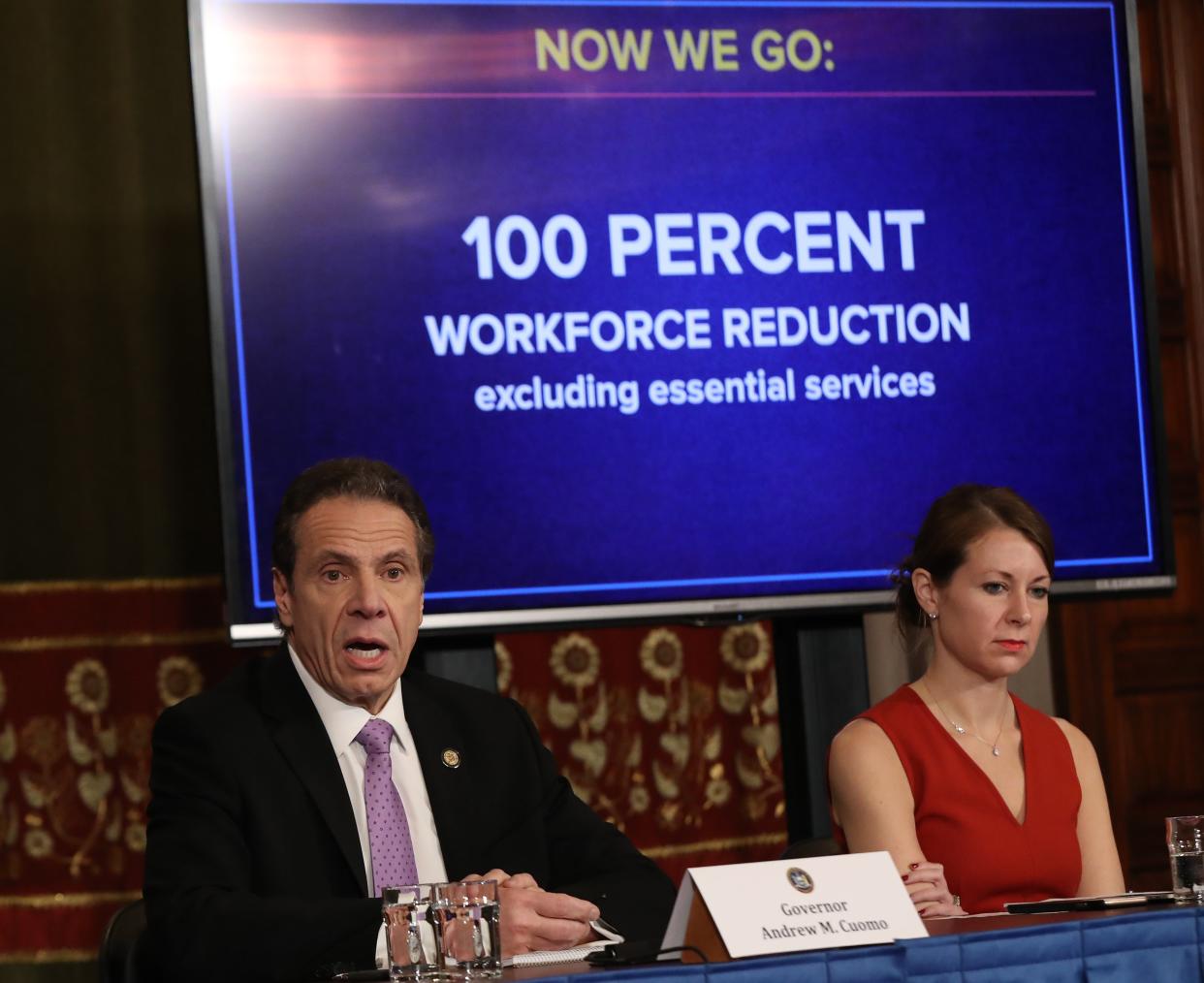 <p>File Image: New York Governor Andrew Cuomo (L) speaks during his daily news conference with Secretary to the Governor Melissa DeRosa (R) on 20 March 2020 in New York City.</p> (Getty Images)