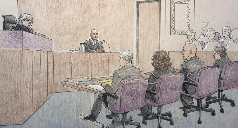 This courtroom sketch depicts former Minneapolis police officer Mohamed Noor, centre, on the witness stand in Minneapolis. Source: AAP