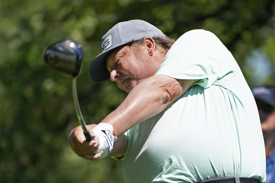 Tim Herron hits off the third tee during the second round of the PGA Tour Champions Principal Charity Classic golf tournament, Saturday, June 5, 2021, in Des Moines, Iowa. (AP Photo/Charlie Neibergall)