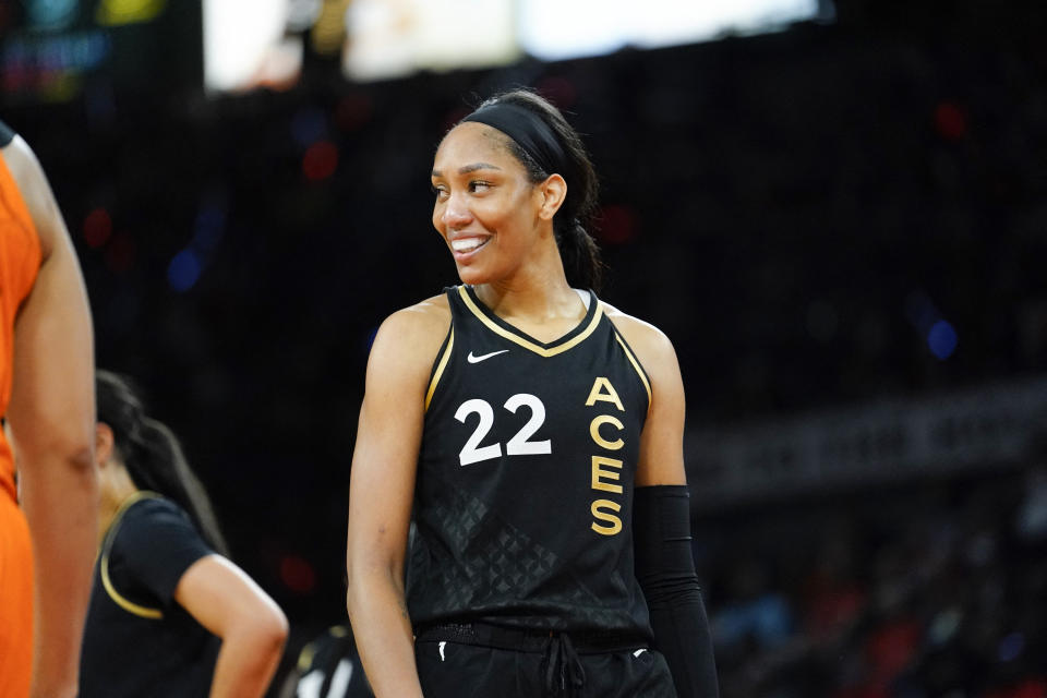 Las Vegas Aces forward A'ja Wilson smiles during the fourth quarter of Game 1 of the 2022 WNBA Finals against the Connecticut Sun at Michelob Ultra Arena in Las Vegas on Sept. 11, 2022. (Lucas Peltier/USA TODAY Sports)