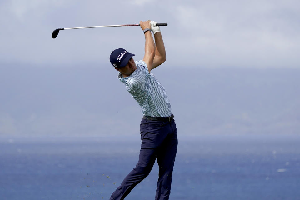 Justin Thomas hits from the 13th tee during third round of the Tournament of Champions golf event, Saturday, Jan. 4, 2020, at Kapalua Plantation Course in Kapalua, Hawaii. (AP Photo/Matt York)