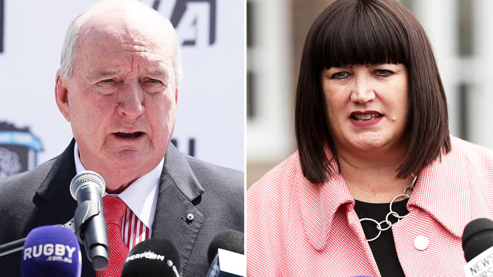 Alan Jones and Raelene Castle, pictured here speaking to the media.