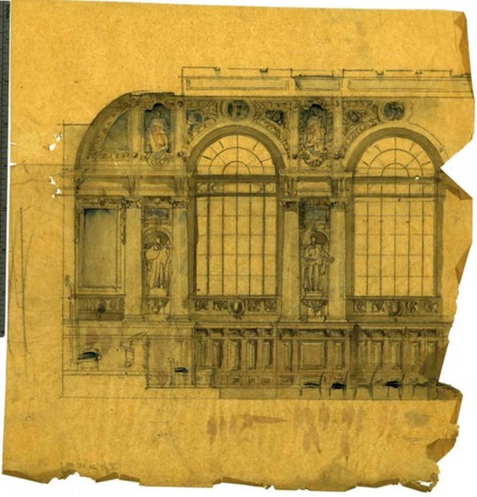 Julia Morgan’s “assignment sketch” of an interior elevation, created while studying at École des Beaux-Arts, circa 1900.