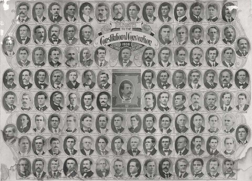 Photograph of delegates of Oklahoma's first Constitutional Convention in Guthrie, Organized Territory (OK), c. 1906.