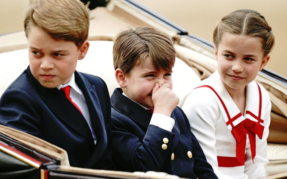 Prince George, Prince Louis and Princess Charlotte during the Trooping the Colour ceremony at Horse Guards Parade - Aaron Chown/PA Wire