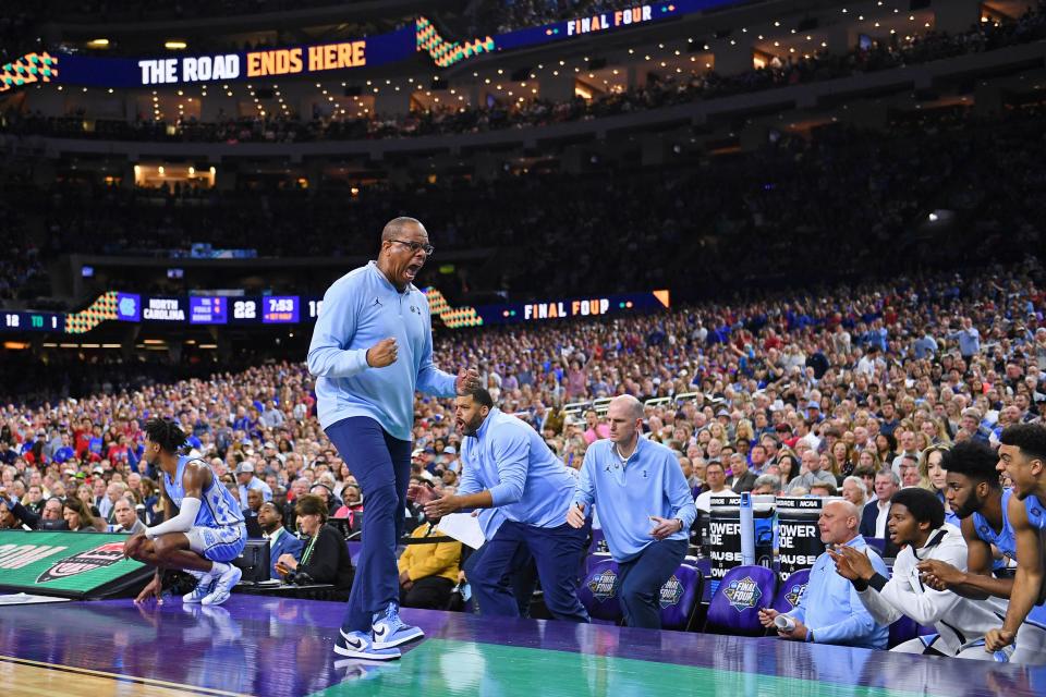North Carolina head coach Hubert Davis during the first half of the national title game against the Kansas Jayhawks.
