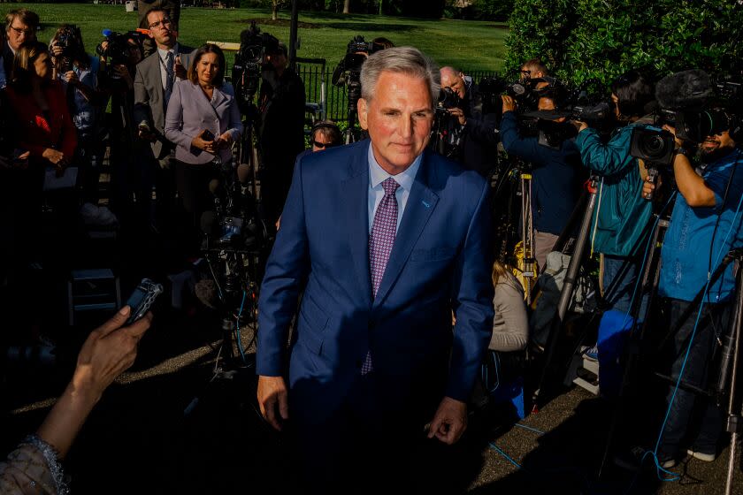 WASHINGTON, DC - MAY 09: Speaker of the House Kevin McCarthy (R-CA) and Senate Minority Leader Mitch McConnell (R-KY) speak to reporters after meeting with President Joe Biden and Senate Majority Leader Charles E. Schumer (D-NY) and House Minority Leader Hakeem Jeffries (D-NY) at the White House on Tuesday, May 9, 2023 in Washington, DC. (Kent Nishimura / Los Angeles Times)