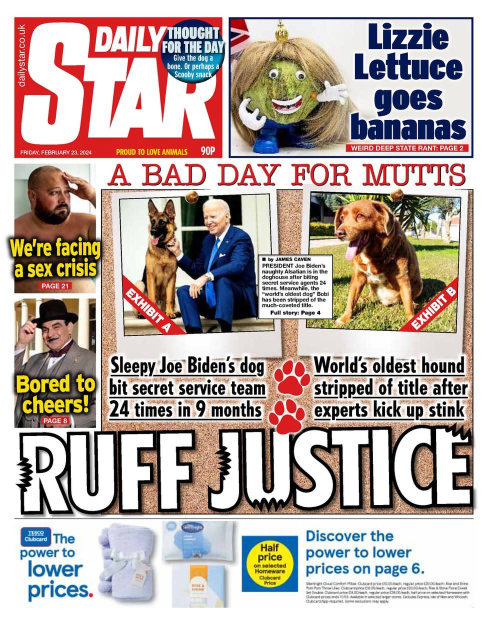 The front page of the Daily Star. This heading introduces two of his articles about dogs. "rough justice"