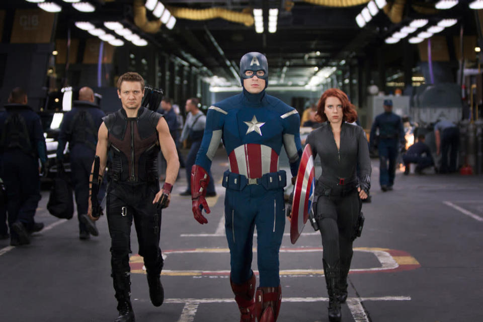 Jeremy Renner as Hawkeye, Chris Evans as Captain America and Scarlett Johansson as Black Widow in Marvel's <a href="http://movies.yahoo.com/movie/the-avengers-2012/" data-ylk="slk:The Avengers;elm:context_link;itc:0;sec:content-canvas" class="link ">The Avengers</a> - 2012