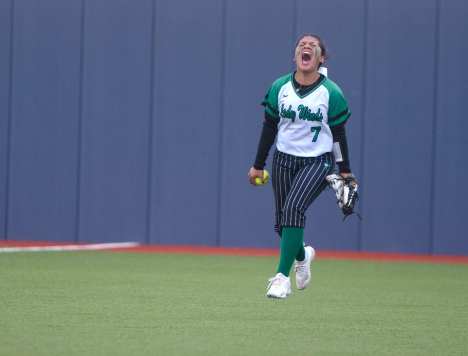 Floydada's Miranda Reyes celebrates catching the last out against Colorado City in Game 3 of the Region I-2A quarterfinal softball series, Saturday, May 11, 2024, at Frenship Athletic Complex in Wolfforth.