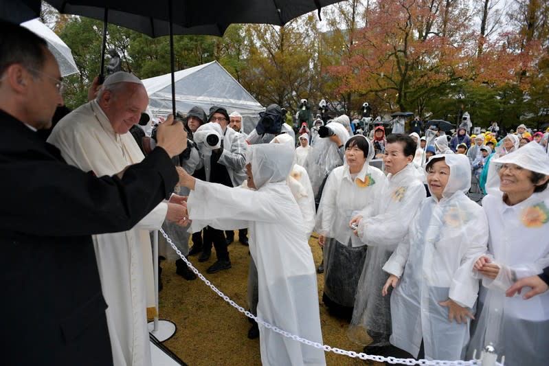 Pope Francis greets wellwishers at the Atomic Bomb Hypocenter Park in Nagasaki