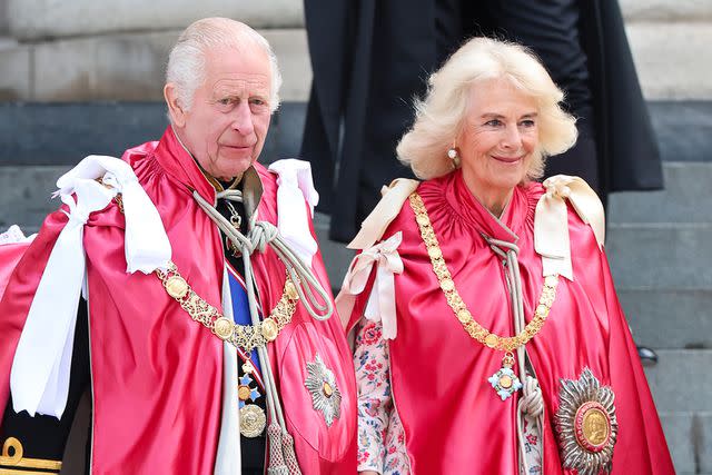 <p>Chris Jackson/Getty Images</p> King Charles and Queen Camilla leave a service of dedication for the Order of The British Empire at St Paul's Cathedral in London on May 15, 2024.